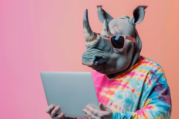 Komisches Nashorn in Sonnenbrille mit Laptop auf rosa Hintergrund Kinderbildungskonzept