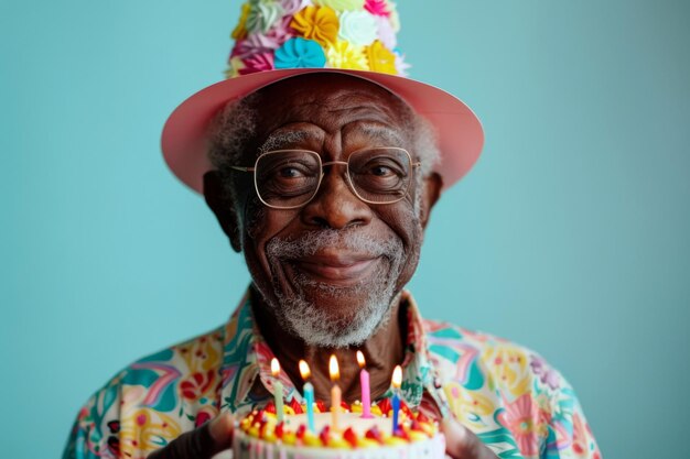 Komisches Porträt eines afroamerikanischen Großvaters mit Kuchen und angezündeten Kerzen auf blauem Hintergrund