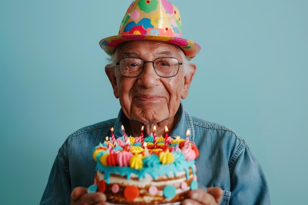 Komisches Porträt eines spanischen Großvaters mit Kuchen und angezündeten Kerzen auf blauem Hintergrund