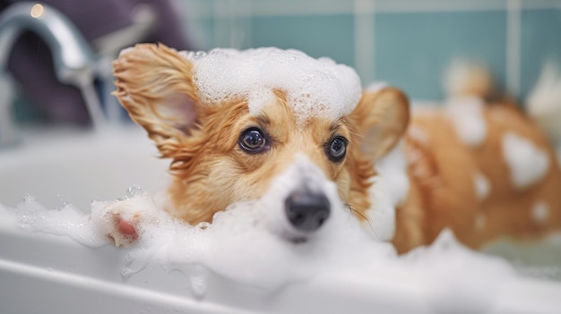 Komisches Porträt eines Welsh Corgi Pembroke Hundes, der mit Shampoo duscht