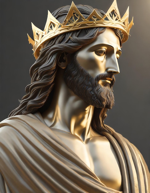 Komma auf Jesus Christus Statue mit goldener Dornenkrone 3D-Rendering Seitenwinkel Leerer Raum