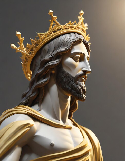 Komma auf Jesus Christus Statue mit goldener Dornenkrone 3D-Rendering Seitenwinkel Leerer Raum