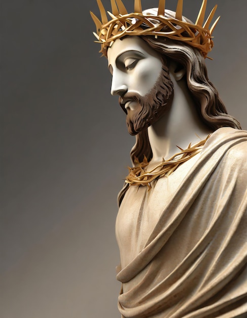 Foto komma auf jesus christus statue mit goldener dornenkrone 3d-rendering seitenwinkel leerer raum