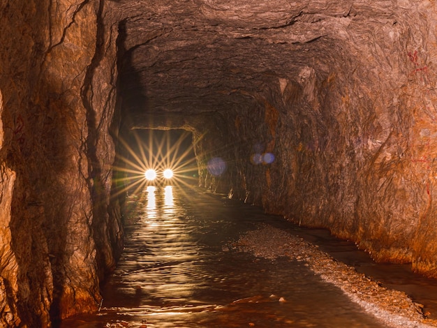 Kommende Autolichter aus der tiefen alten Bergbautunnelhöhle mit Reflexion. Felswand Höhle mit Wasserhütte felsige Straße. Abenteuerreisen in Thong Pha Phum, Kanchanaburi, Thailand, genannt 3D-Tunnel.