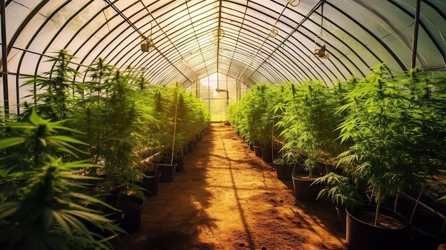 Kommerzielles Cannabis wächst in grünen Pflanzenreihen. Generative KI