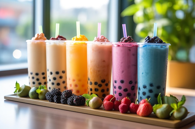 Foto kommerzielles foto erfrischendes set von farbenfrohen milchigen blasentee boba mit tapioca perlen geschmacksrichtungen