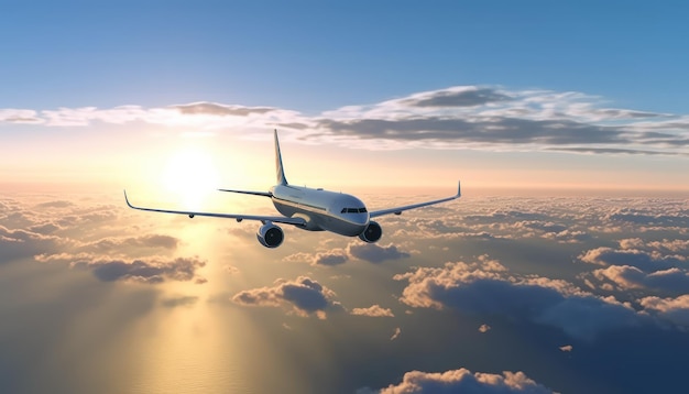 Kommerzielles Jet-Flugzeug bei Sonnenuntergang Sunset Flight Jet plane Soaring 3D-Darstellung