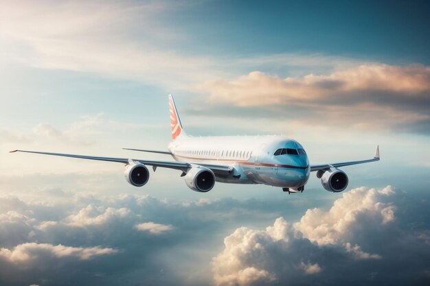 Kommerzielles Passagierflugzeug mit amerikanischer Flagge am Schwanz Blauer bewölkter Himmel im Hintergrund