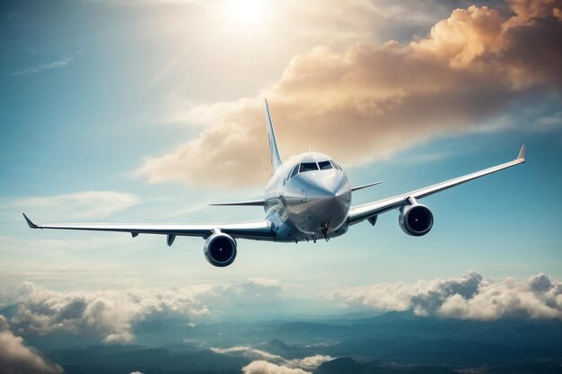 Foto kommerzielles passagierflugzeug mit amerikanischer flagge am schwanz blauer bewölkter himmel im hintergrund