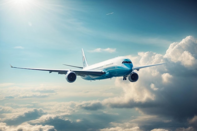 Foto kommerzielles passagierflugzeug mit amerikanischer flagge am schwanz blauer bewölkter himmel im hintergrund