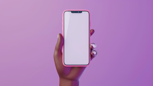 Kommerzielles Poster-Mockup mit Zeichentrickfigur, die ein Smartphone mit leerem Bildschirm hält Clip Art isoliert auf violettem Hintergrund in 3D rendert