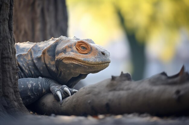 Komodo descansando à sombra de uma árvore