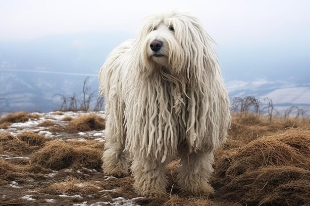 Foto komondor pastor húngaro de pura raza hermosa raza de perro de fondo de la naturaleza