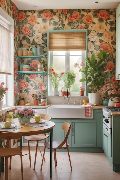 Kompakte Küche mit bequemer Kochfläche mit Wandschränken mit Blumenwandpapier