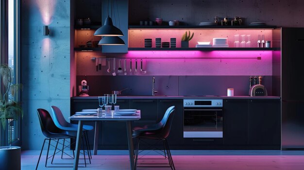 Kompakte Küchenzeile, offene Regale, matte Schwarz, kleiner Esszimmer, lebendige Farben, LED-Beleuchtung