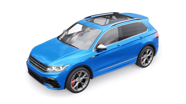 Kompakter blauer Sport-SUV für aufregendes Fahren für Arbeit und Familie auf einem weißen isolierten Hintergrund 3D-Rendering