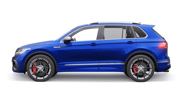 Kompakter blauer Sport-SUV für aufregendes Fahren für Arbeit und Familie auf einem weißen isolierten Hintergrund 3D-Rendering