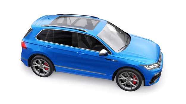 Kompakter blauer Sport-SUV für aufregendes Fahren für Arbeit und Familie auf einem weißen isolierten Hintergrund 3D-Rendering