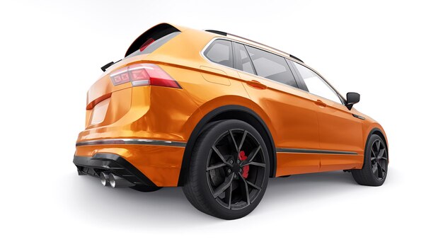 Kompakter orangefarbener Sport-City-SUV für aufregendes Fahren für Arbeit und Familie auf einem weißen isolierten Hintergrund 3D-Rendering