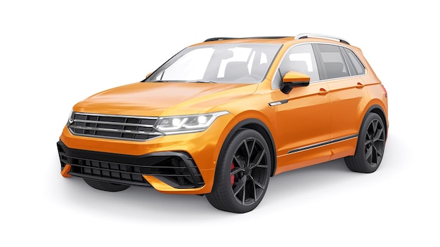 Kompakter orangefarbener Sport-City-SUV für aufregendes Fahren für Arbeit und Familie auf einem weißen isolierten Hintergrund 3D-Rendering