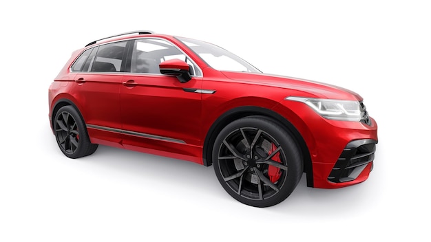 Kompakter roter Sport-SUV für aufregendes Fahren für Arbeit und Familie auf einem weißen isolierten Hintergrund 3D-Rendering