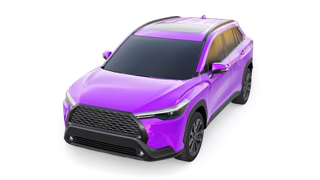 Kompakter violetter SUV mit Hybridmotor und Allradantrieb für die Stadt- und Vorstadtgebiete auf weiß isoliertem Hintergrund 3D-Darstellung