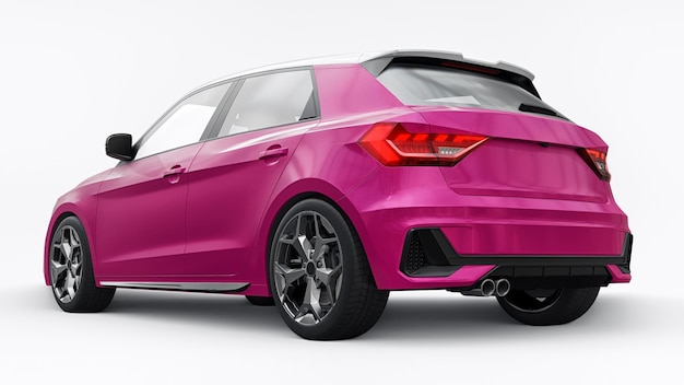 Kompaktes städtisches Premium-Auto in einem rosa Fließheck auf einer weiß isolierten Hintergrund-3D-Illustration