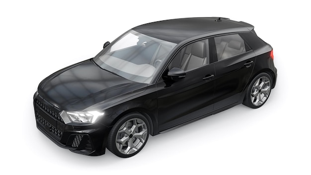 Kompaktes städtisches Premium-Auto in einem schwarzen Fließheck auf einer weißen, isolierten Hintergrund-3D-Illustration