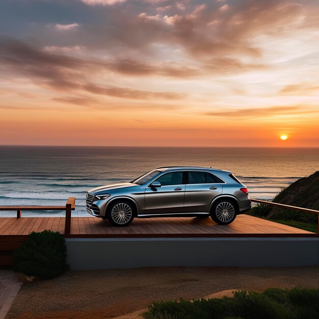 Kompaktes SUV-Auto und modernes Design auf Betonstraße am Meer mit wunderschönem Sonnenuntergang im Hintergrund. Vorderansicht des neuen Luxus-SUV-Autos AI Generative