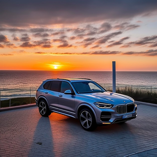 Kompaktes SUV-Auto und modernes Design auf Betonstraße am Meer mit wunderschönem Sonnenuntergang im Hintergrund. Vorderansicht des neuen Luxus-SUV-Autos AI Generative