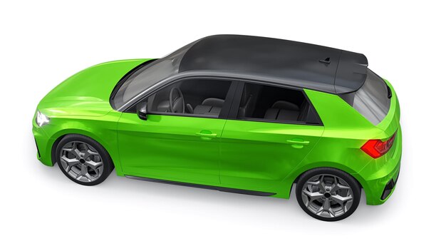 Kompaktes urbanes Premium-Auto in einem grünen Fließheck auf einer weiß isolierten Hintergrund-3D-Illustration