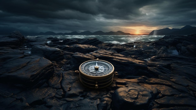 Kompass auf Felsen mit dunklem Himmel