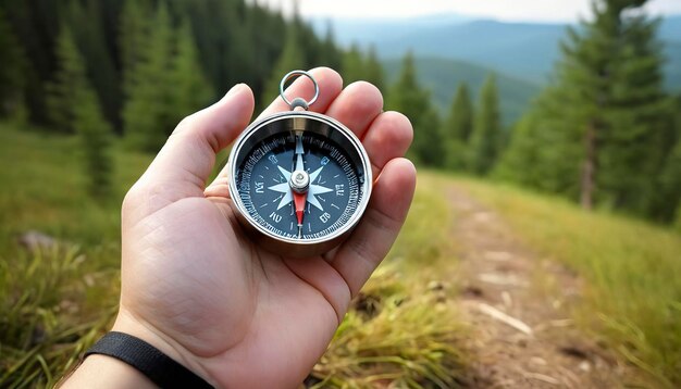 Kompass in der Hand auf dem Hintergrund eines natürlichen Kiefernwaldes Hand mit Kompass in einer Waldlandschaft