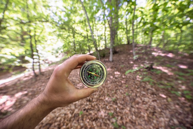 Kompass in der Hand gegen Waldweg