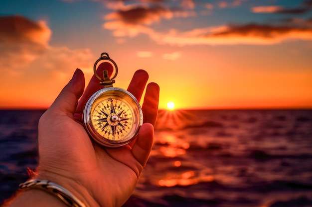Kompass in der Hand vor dem Hintergrund der untergehenden Sonne Reisekonzept