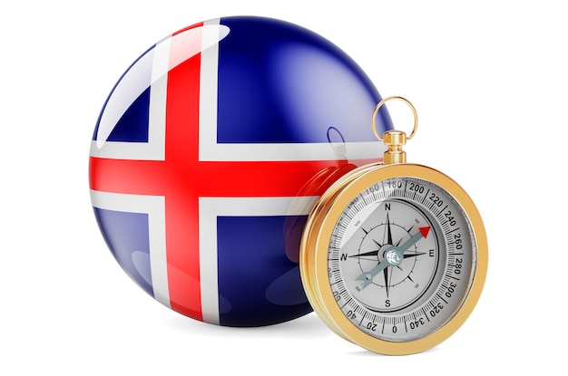 Kompass mit isländischer Flagge Reisen und Tourismus in Island Konzept 3D-Rendering isoliert auf weißem Hintergrund
