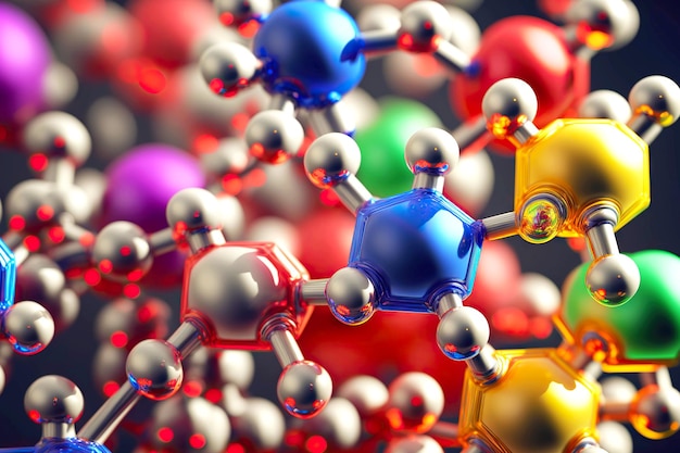 Foto komplexe chaotische struktur der molekülnahaufnahme, die aus mehrfarbigen atomen besteht