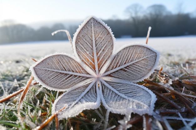 Komplizierte Frostmuster auf einem Kleeblatt an einem Wintermorgen