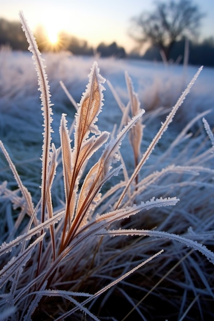 Komplizierte Frostmuster auf winterlichem Gras, erstellt mit generativer KI