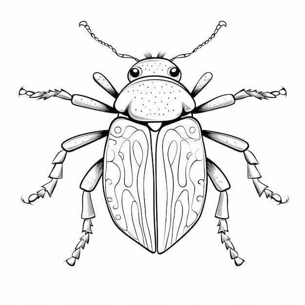 Komplizierte Monochrome enthüllt den Fliegenkäfer auf einer farblosen Malbuchseite