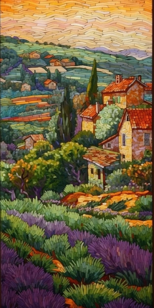 Komplizierte neoimpressionistische Papierkunst von Lavendelfeldern in der französischen Provence