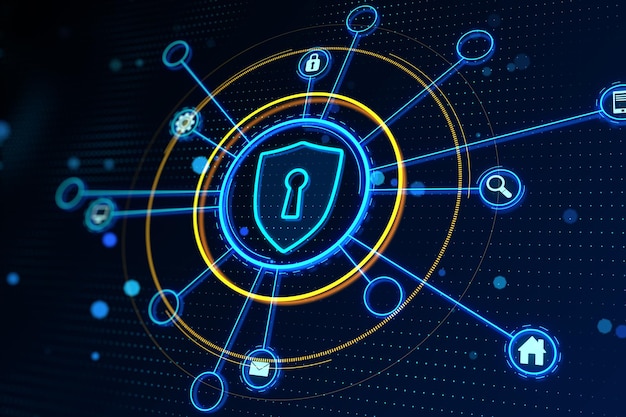 Komplizierte Netzwerksicherheitsvisualisierung mit einem Schild- und Schlosssymbol auf einem blauen digitalen Hintergrund 3D-Rendering