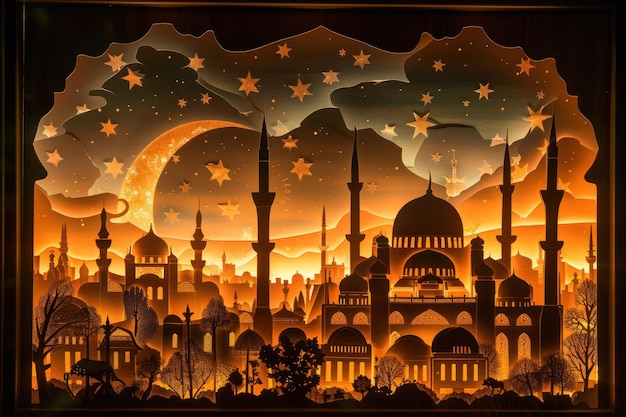 Komplizierte Papierkunst der islamischen Architektur Ein wunderschön gefertigtes Papierkunstdiorama, das Islam darstellt