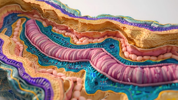 Komplizierte Texturen der Darmschleim- und Unterschleimschichten in einer lebendigen pädagogischen Illustration