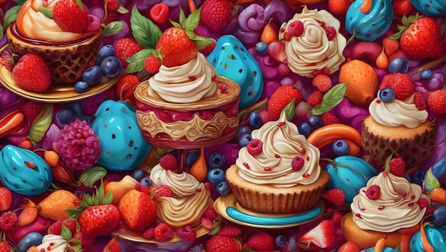 Kompliziertes Dessertmuster Stoffdesign mit hohen Details lebendige Farben wiederholendes Motiv Dessertthem