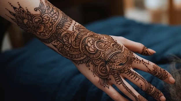 Kompliziertes Henna-Tattoo auf der Hand, Nahaufnahme, KI generiert