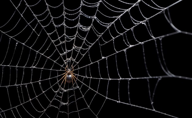 Kompliziertes schwarz-weißes Spinnennetz in Nahaufnahme auf dunklem Hintergrund