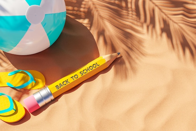 Komposition aus buntem Ball, Bleistift und Flip-Flops am Sandstrand