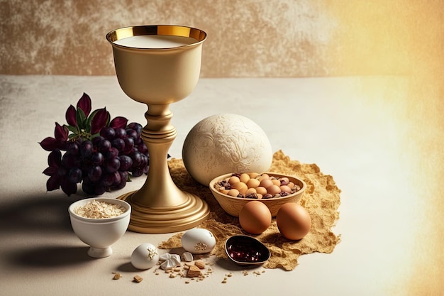 Foto komposition der eucharistie auf einem beigen hintergrund mit einem weißen tisch