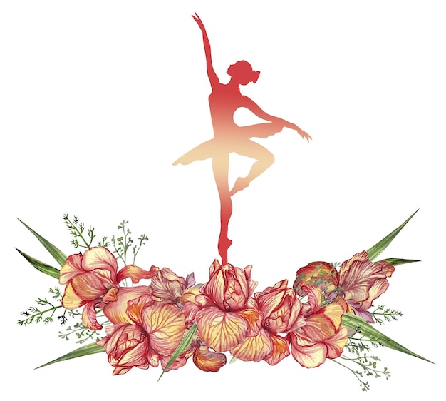 Foto komposition einer tanzenden ballerina mit blumen. handgezeichnete klassische ballettaufführungspose